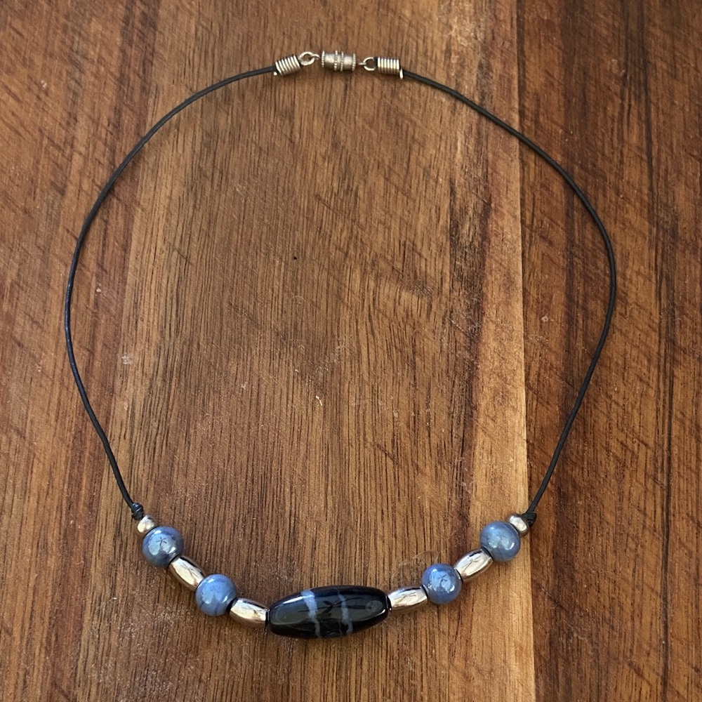 Y2K Blue & Black Glass Bead Cord Necklace Minimalist 16–18"